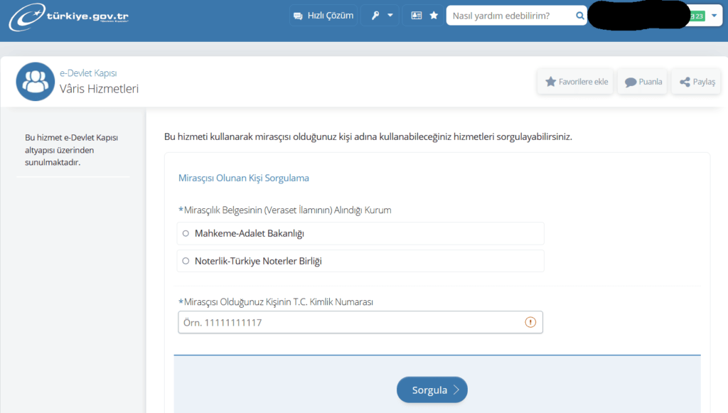 e-devlet varis hizmetleri sorgulama ekranı