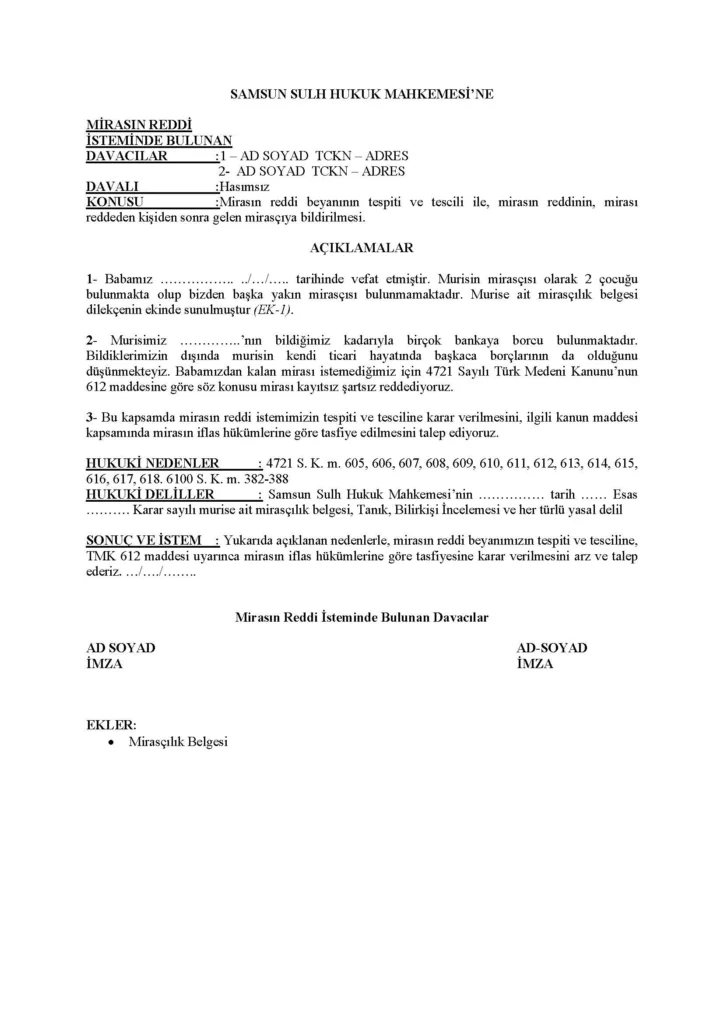 mirasın reddi örnek dilekçe indir