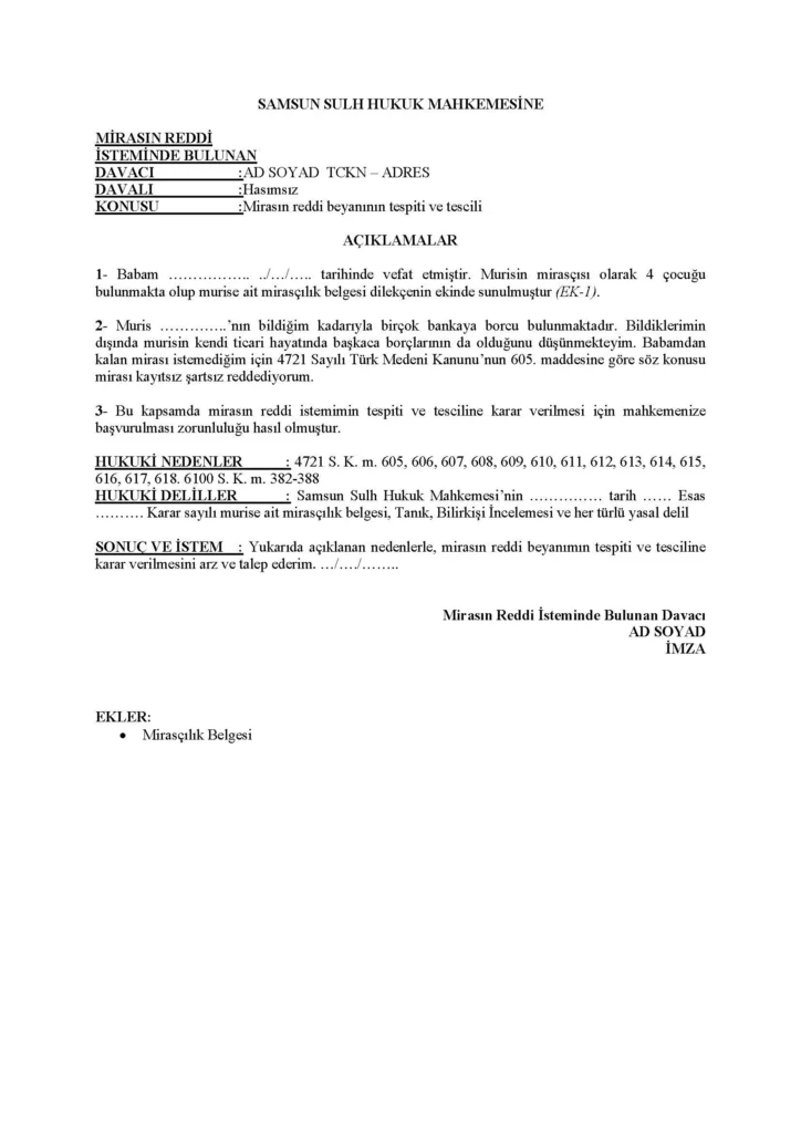 reddi miras dilekçe örneği word ve pdf formatında indir