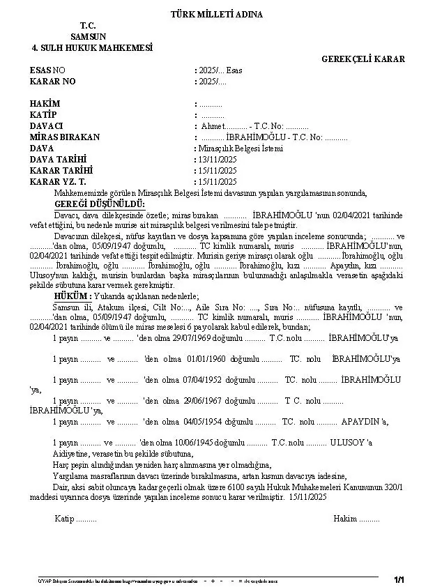 ÖRNEK VERASET İLAMI-MİRASÇILIK BELGESİ - MAHKEME KARARI