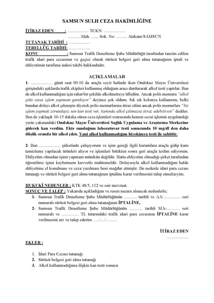Alkollü araç kullanma ve ehliyet iptali cezası için dilekçe örneği