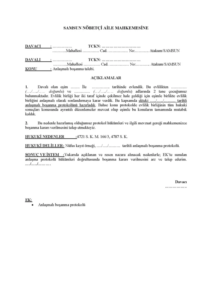 Ücretsiz anlaşmalı boşanma dava dilekçesi örneği (Avukatsız)