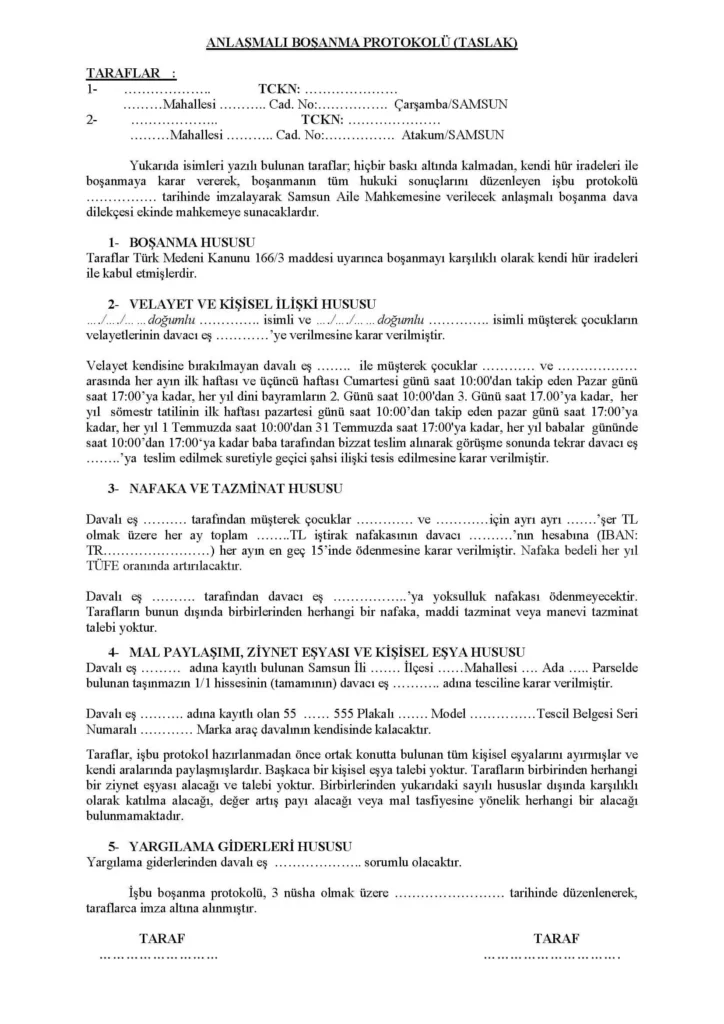 Ücretsiz anlaşmalı boşanma protokolü örneği (Avukatsız)