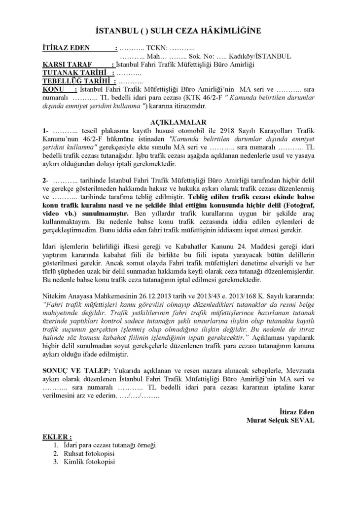 Fahri trafik müfettişi ceza iptali dilekçe örneği