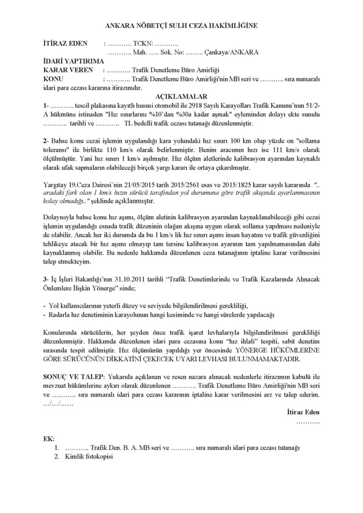 Radar cezası iptal dilekçesi örneği - word/PDF indir