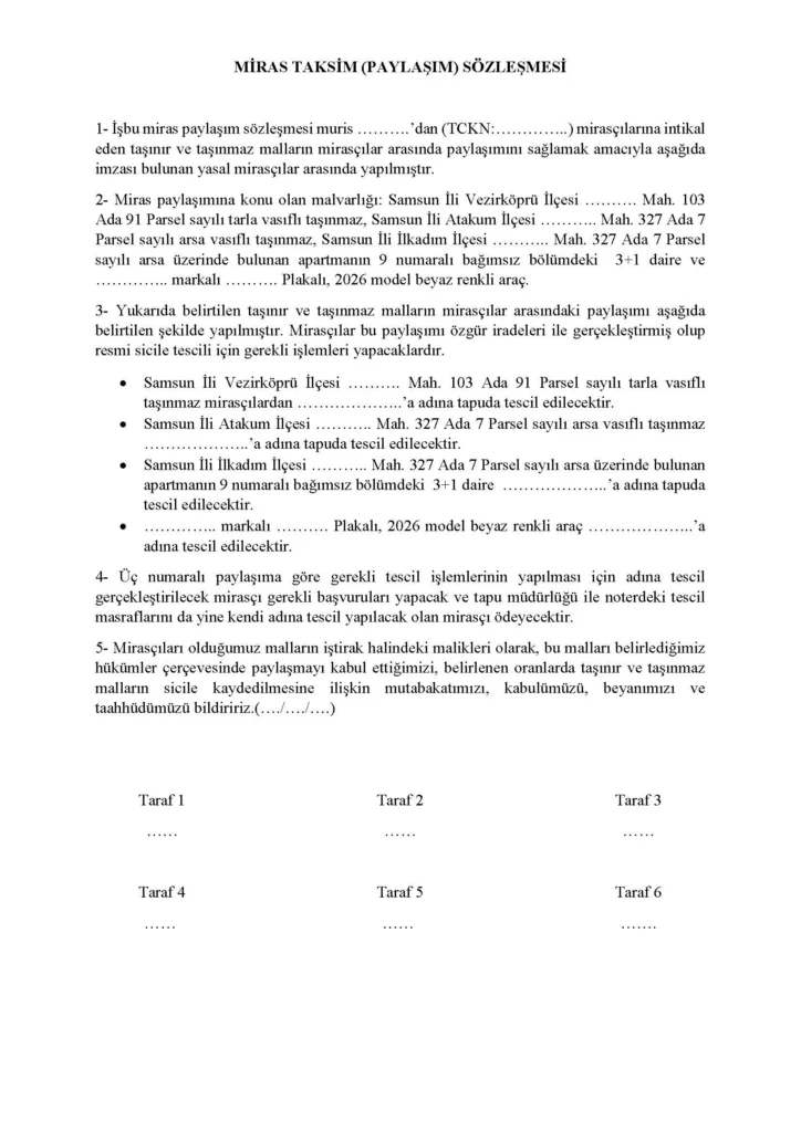 Miras taksim (paylaşım) sözleşmesi örneği word-PDF indir