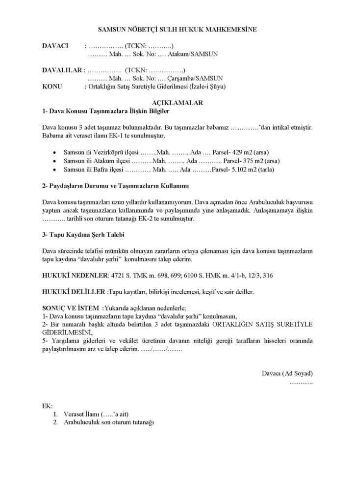 Ortaklığın Giderilmesi (İzalei-şuyu) dava dilekçesi indir (Word/PDF)